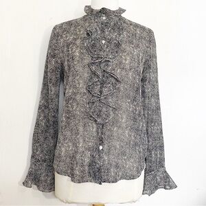 Chaps Ruffle Neck Semi Sheer Herringbone Pattern Bell Sleeve Button Up Blouse M